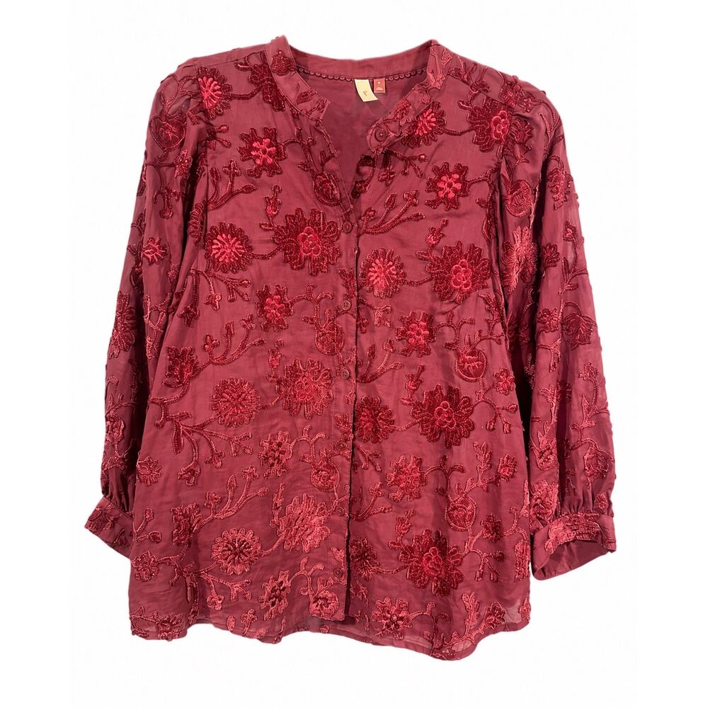 Pilcro Anthropologie Small Burgundy Embroidered Blouse Boho Cottagecore Coquette